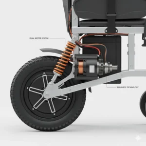 Technical cutout showing the dual brushless motor system of a high-performance foldable electric wheelchair.