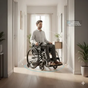 Illustration showing the tight turning radius of a foldable power wheelchair inside a narrow hallway.