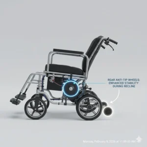Illustration of rear anti-tip wheels on a reclining electric wheelchair providing stability during the recline phase.