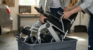 A dimensions chart showing the height, width, and weight of a lightweight folding electric wheelchair.