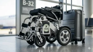 A photorealistic close-up of the folded silver electric wheelchair at an airport terminal, featuring a prominent "AIRLINE APPROVED" label on the battery housing.