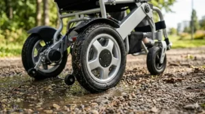 A high-detail photorealistic close-up of the large, knobby rear wheel and suspension of the silver foldable electric wheelchair navigating an unpaved park trail with gravel.