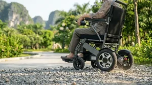 The durable wheels of an easy folding electric wheelchair traveling over a gravel driveway.