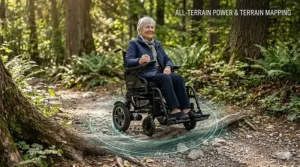 Close-up of durable, puncture-proof tires on a folding power wheelchair designed for grass and gravel surfaces.