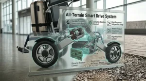 Illustration showing a lightweight folding wheelchair navigating both smooth indoor floors and gravel paths.