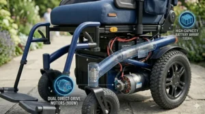 Diagram of high-torque dual motors and long-range batteries used in bariatric electric wheelchairs for steep inclines.