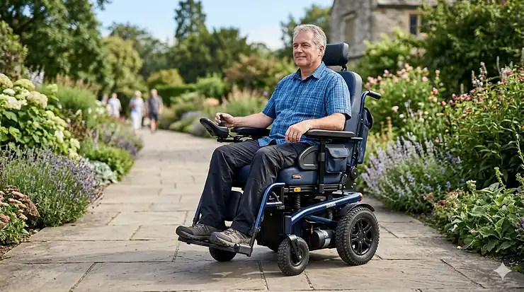 A heavy-duty bariatric electric wheelchair with a reinforced frame and extra-wide padded seat for enhanced user comfort.