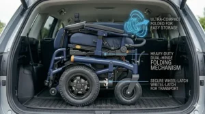 Photorealistic illustration of a bariatric electric wheelchair navigating a paved garden path, demonstrating outdoor durability.