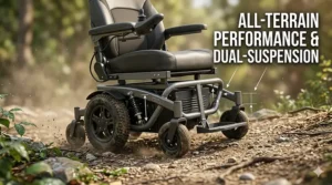 Illustration of a heavy-duty bariatric power wheelchair navigating a smooth outdoor paved path comfortably.