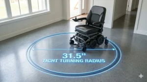 Overhead view illustrating the tight turning radius of a bariatric power wheelchair in a hallway.
