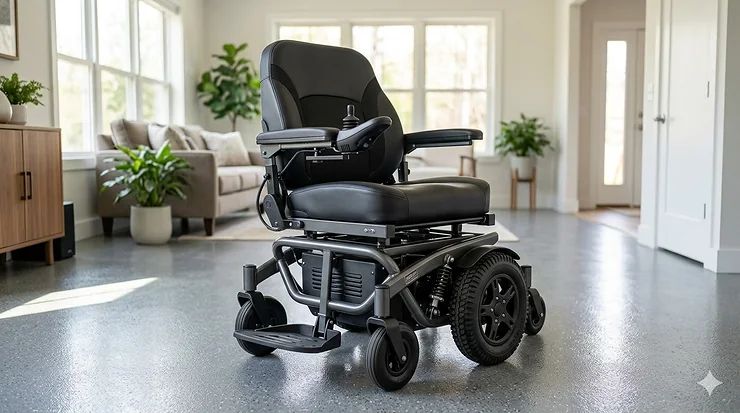 Front view of a sleek bariatric power wheelchair with 500 lb capacity and reinforced steel frame in a modern living room setting. bariatric power wheelchair 500 lb capacity