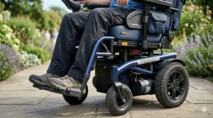 Illustration showing the high weight capacity of a bariatric power wheelchair, highlighting the reinforced steel cross-bracing.