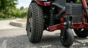 Diagram showing the tight turning radius of a 400 lb capacity power wheelchair in a home setting.