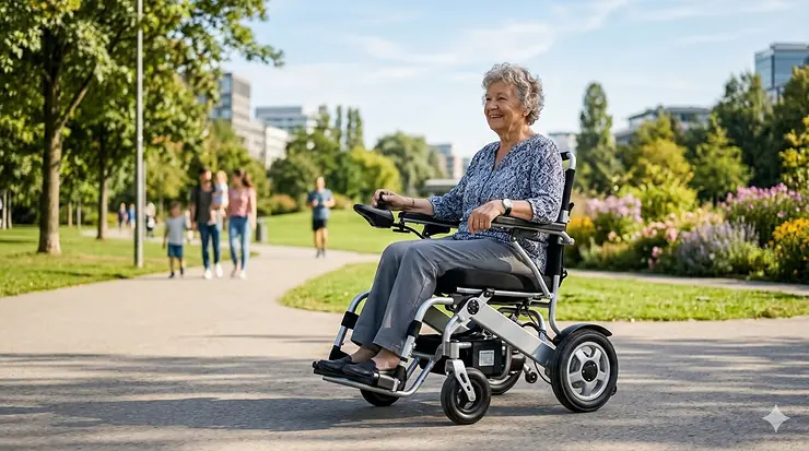 A smiling elderly woman operating a sleek, silver foldable electric wheelchair on a paved park path during a sunny afternoon.