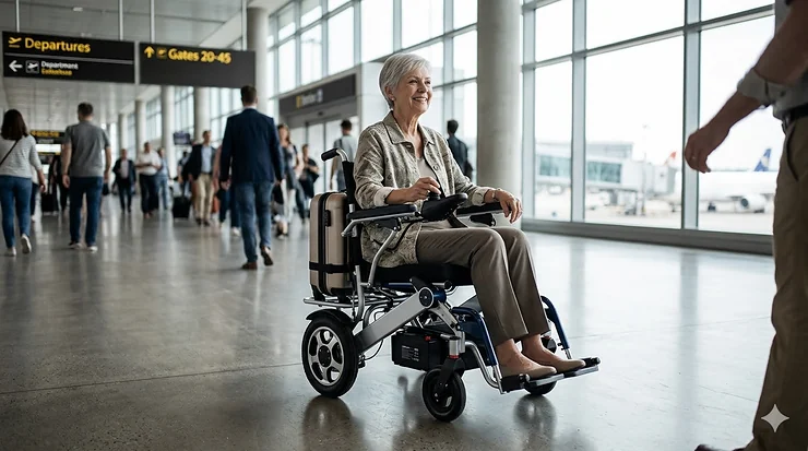 A person traveling easily with a premium lightweight folding electric wheelchair from a top-rated brand. lightweight folding electric wheelchair brands