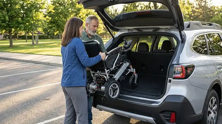 A lightweight portable electric wheelchair folded next to a car trunk, highlighting its compact travel size.