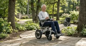 A diagram highlighting the breathable mesh seat and padded armrests of an affordable electric wheelchair.