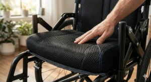 High-quality breathable mesh upholstery on a lightweight folding wheelchair for long-term comfort.