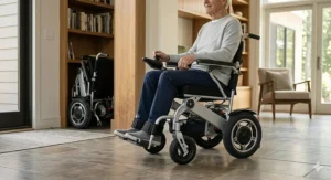 Illustration of a lightweight folding electric wheelchair navigating a narrow hallway and doorway at home.