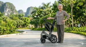 Side profile of an easy folding electric wheelchair in its fully collapsed, upright storage position.
