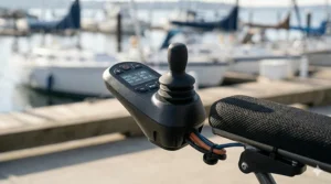Detailed view of the digital joystick controller interface on the armrest of the lightweight wheelchair, featuring an LCD screen displaying 'MAX LOAD: 300 LB'.