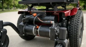 High-torque dual motors providing reliable propulsion for bariatric motorized wheelchairs.