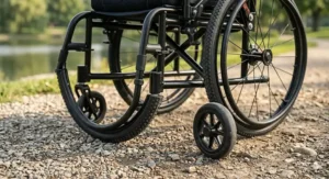 Close-up of durable rear wheels designed for a heavy duty folding wheelchair to handle various surfaces.