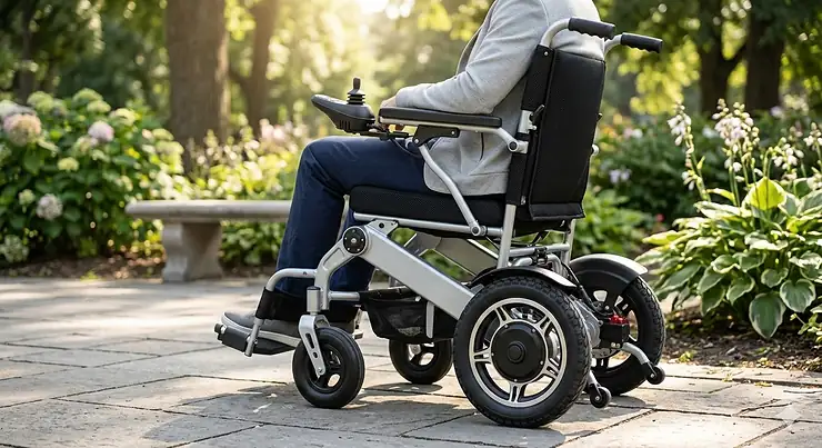 Illustration showing the simple three-step folding process of a lightweight electric wheelchair for easy storage. affordable lightweight folding electric wheelchair