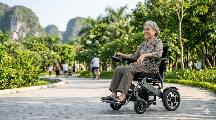 A person using an easy folding electric wheelchair on a paved park path during a sunny day.