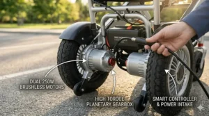 Internal view illustration of the dual brushless motors powering a portable electric wheelchair.