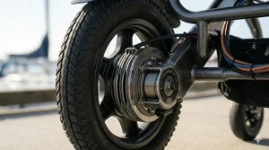 Photorealistic close-up illustration of the multi-disc electromagnetic braking system on the non-marking rear drive wheel of the 300 lb capacity wheelchair.