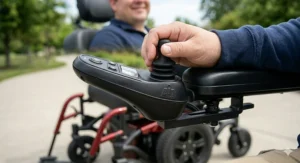 Ergonomic joystick controller with programmable settings for a bariatric power mobility device.