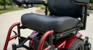 Detailed view of an extra-wide padded seat designed for comfort in a 400 lb capacity power chair.