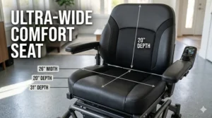 Diagram highlighting the extra-wide padded seat of a 500 lb capacity bariatric power wheelchair.