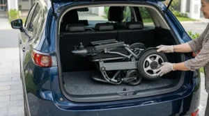 A compact, easy folding electric wheelchair tucked neatly into the trunk of a small sedan.
