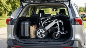 A photorealistic close-up view showing the compact, silver foldable electric wheelchair stowed inside the carpeted trunk of a modern compact SUV with a suitcase for scale.