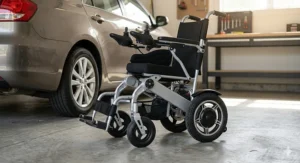 An affordable folding electric wheelchair compact enough to fit comfortably in the trunk of a small sedan.