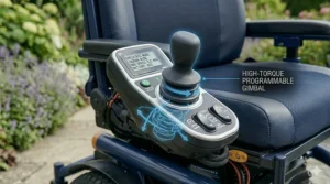 Illustration showing a foldable bariatric electric wheelchair being prepared for transport in a vehicle trunk.