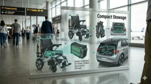 Illustration of a compact folding electric wheelchair fitting easily into a small car trunk.