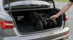 A compact folded power wheelchair fitting easily into the trunk of a standard sedan.