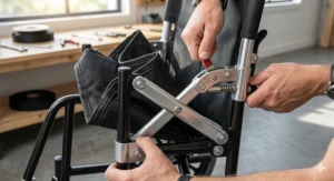 Close-up of the easy-fold mechanism on a heavy duty lightweight folding wheelchair for quick storage.