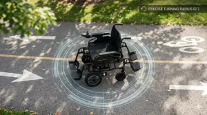 Top-down view showing the tight turning radius of a folding power wheelchair in a small hallway.