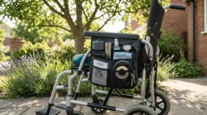 Durable underseat storage bag for lightweight folding wheelchair accessories.