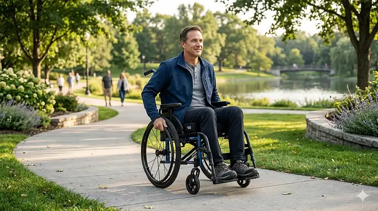 A person using a heavy duty lightweight folding wheelchair on a paved park path, highlighting its portable design and sturdy frame.