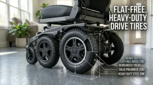 Illustration of large, flat-free drive tires on a bariatric power wheelchair for increased stability and traction.