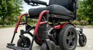 Durable reinforced steel frame construction of a bariatric power wheelchair for 400 lb support.