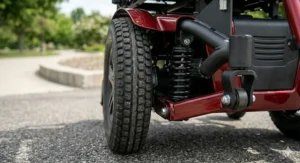 Advanced suspension system and flat-free tires on a 400 lb capacity electric wheelchair.
