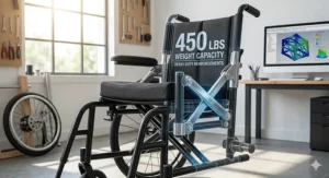 Illustration showing the reinforced frame of a heavy duty wheelchair capable of supporting higher weight capacities.