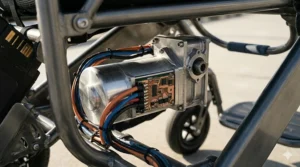 Close-up illustration detailing the powerful electric motor, gearbox assembly, and high-tech circuit board within the durable frame of the 300 lb capacity wheelchair.