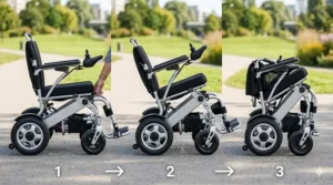 A high-detail, multi-panel photorealistic illustration demonstrating the three-step mechanical folding sequence of the silver foldable electric wheelchair, collapsing it into a compact bundle.